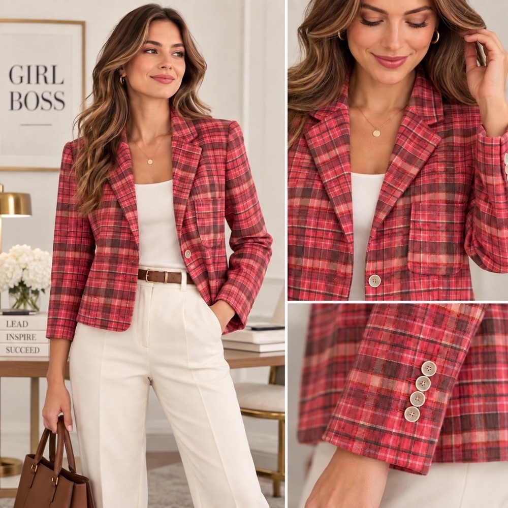 Talbots Plaid Textured Crinkle Cotton Two Button Blazer 12 Red Cream Fall Vibes